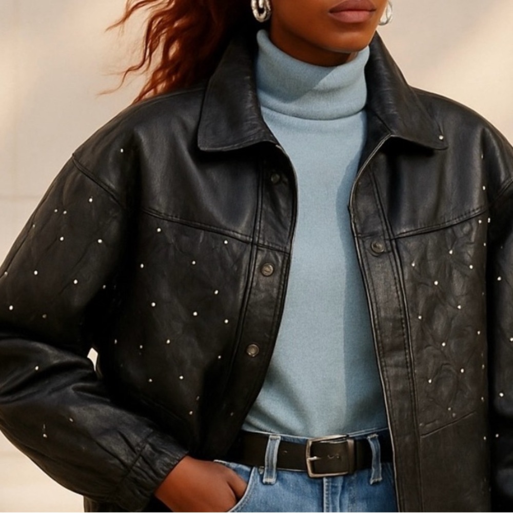 Rocco D'Amelio Rhinestone Studded Genuine Leather Black Jacket Oversized Look